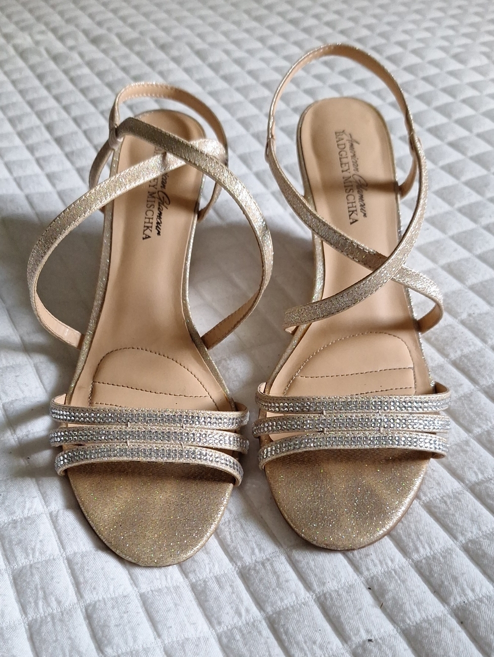 Badgley Mischka Champagne Gold Crystal-Strap Evening Sandals